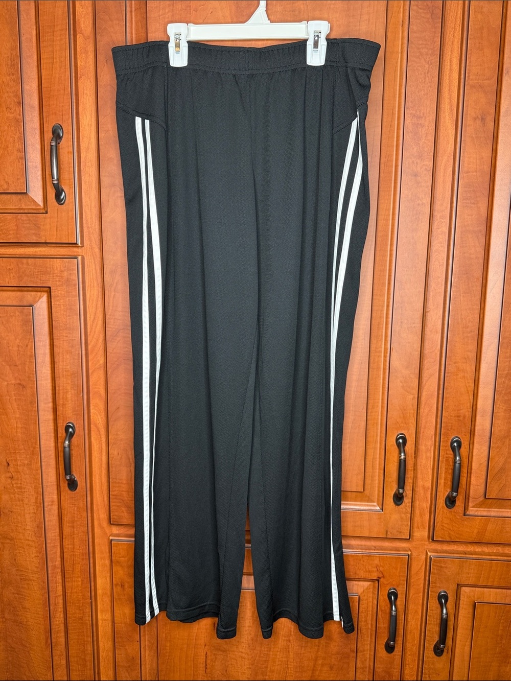 Champion Black Wide-Leg Track Pants with White Side Stripes. Size: XL